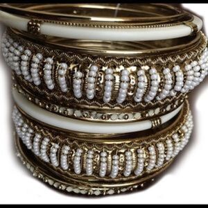Antique Gold Tone Ivory Beaded Bangles